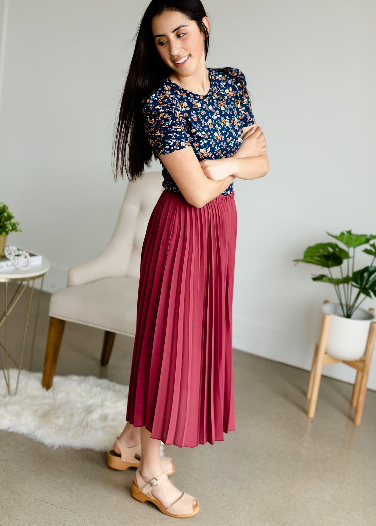 Navy Floral Puff Sleeve Tee Tops