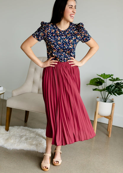 Navy Floral Puff Sleeve Tee Tops