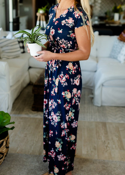 Navy Floral Waist Tie Maxi Dress Dresses