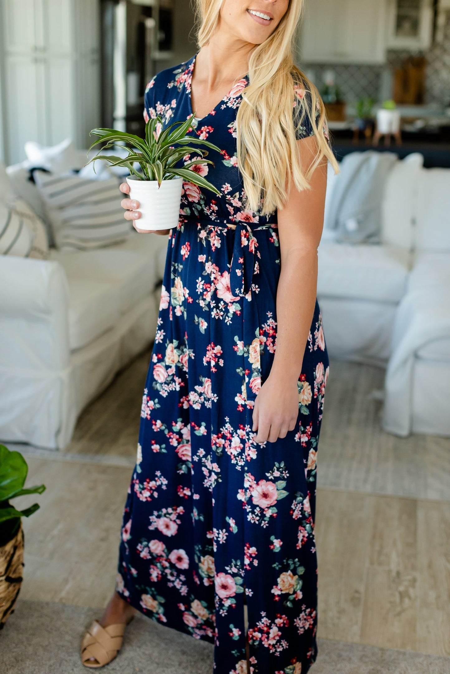 Navy Floral Waist Tie Maxi Dress Dresses