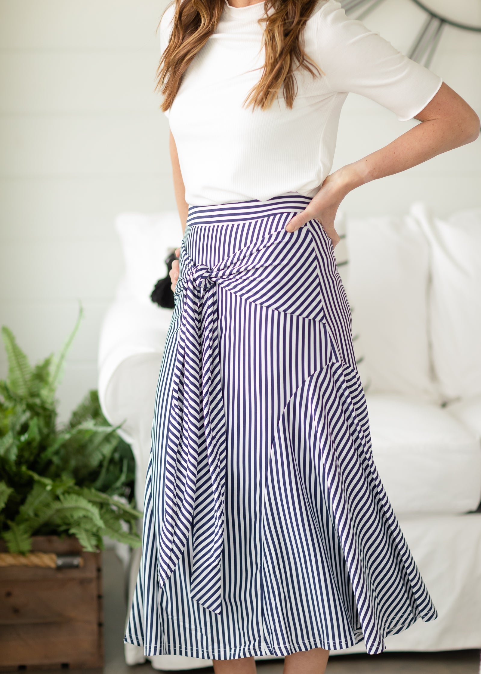 Navy Front Tie Stripe Midi Skirt - FINAL SALE Skirts