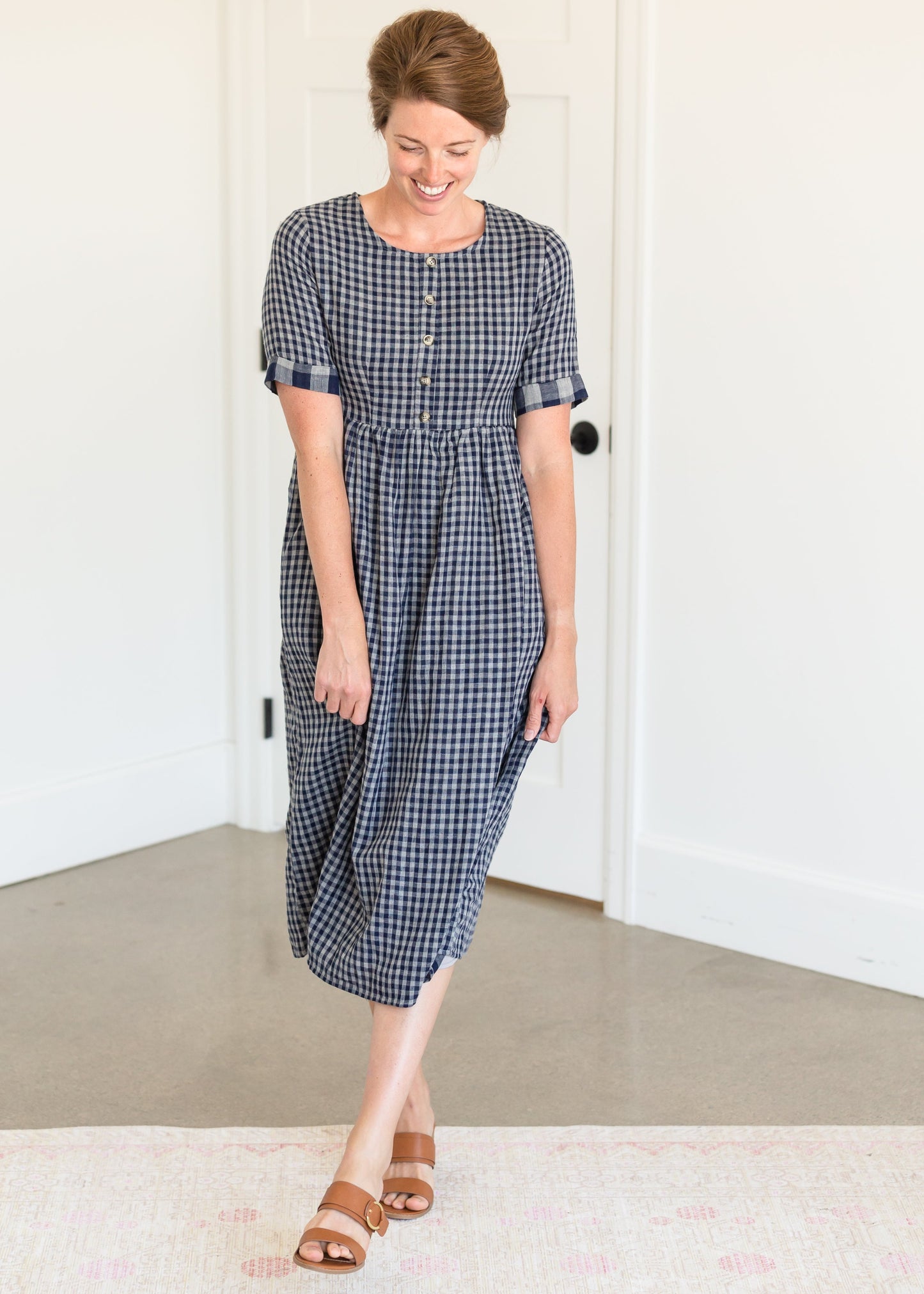 Navy Gingham Faux Button Up Midi Dress - FINAL SALE Dresses