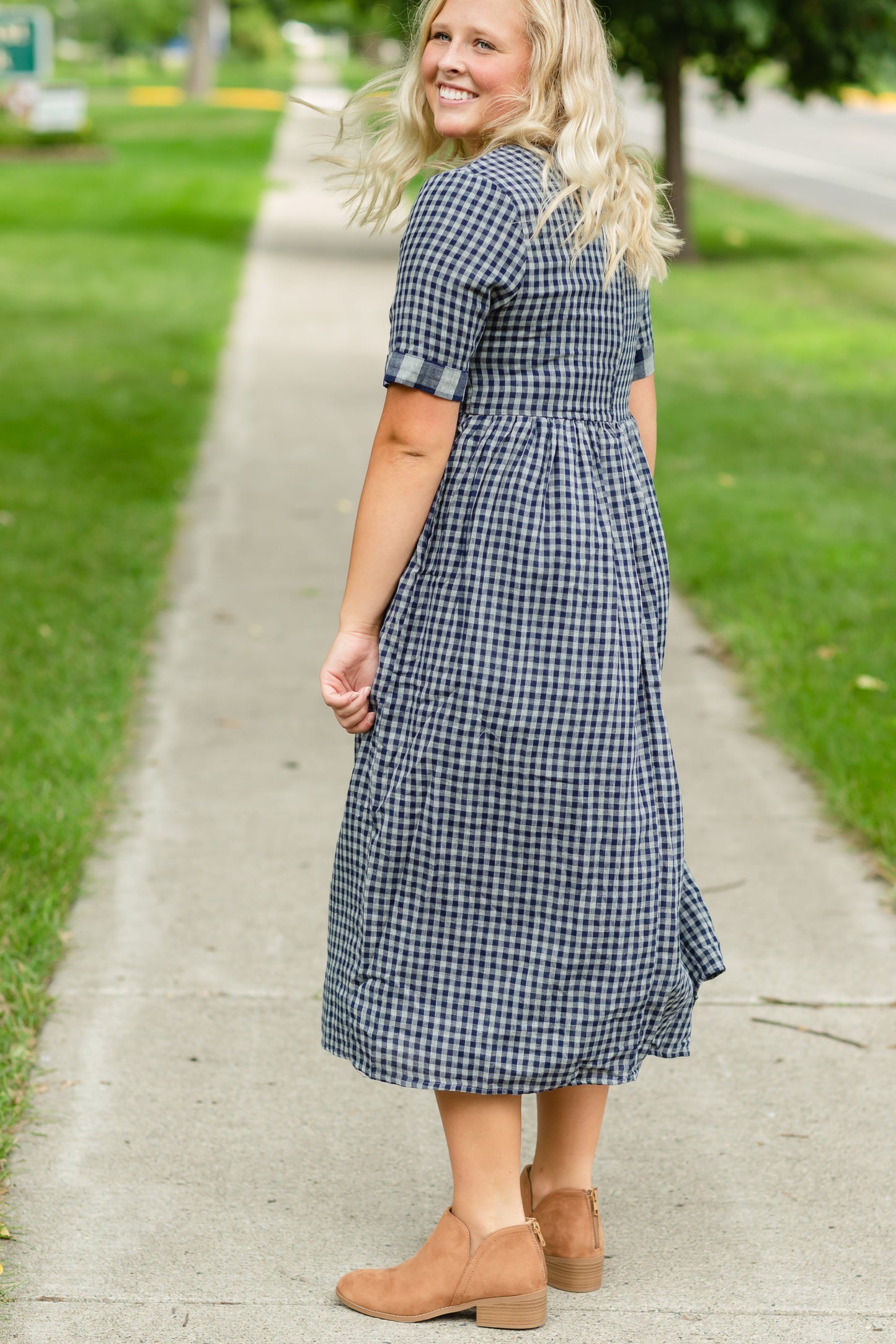 Navy Gingham Faux Button Up Midi Dress - FINAL SALE Dresses