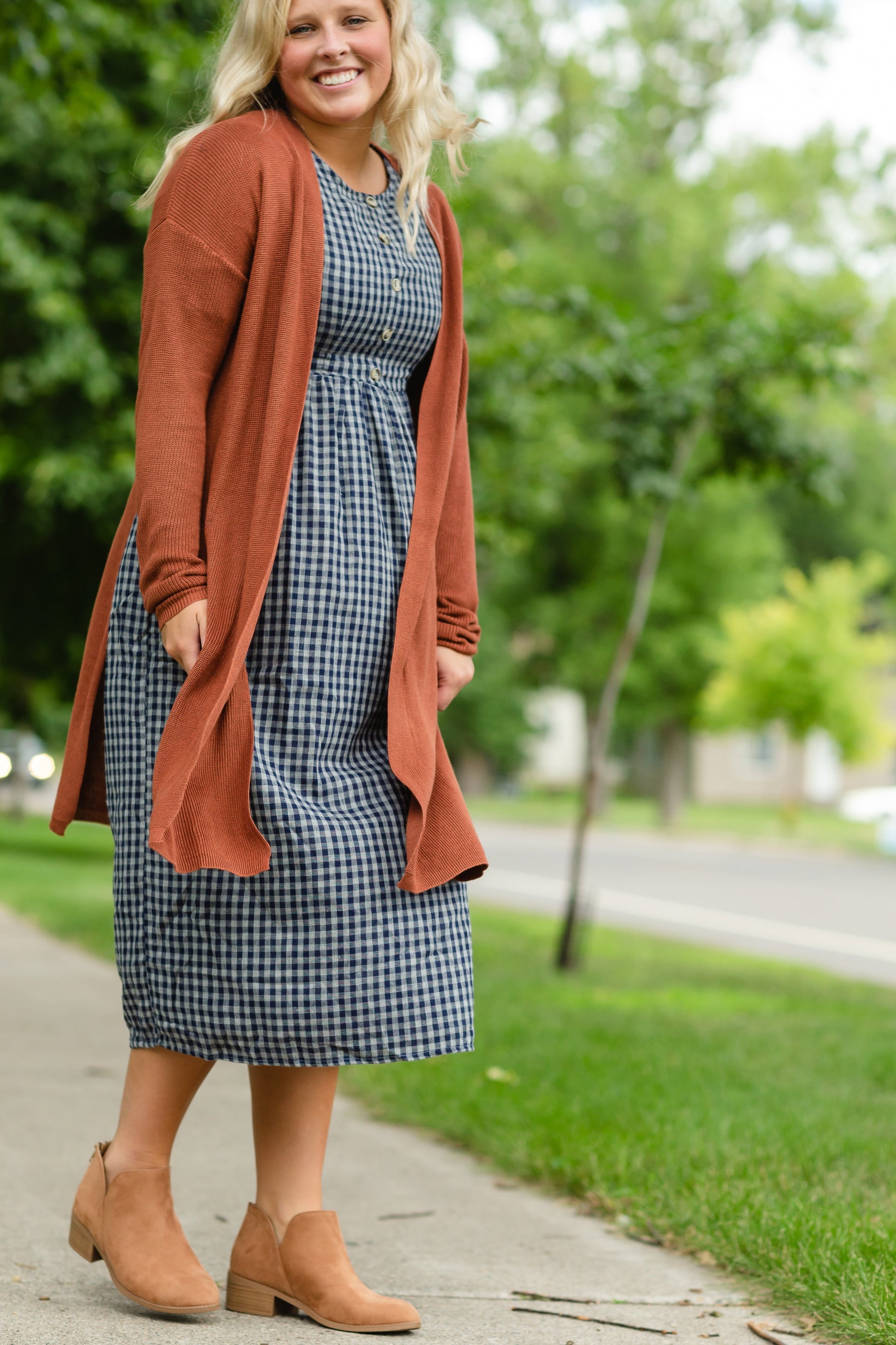 Navy Gingham Faux Button Up Midi Dress - FINAL SALE Dresses