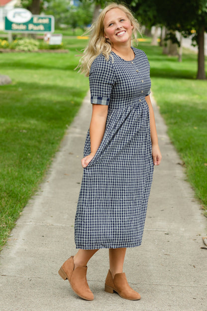 Navy Gingham Faux Button Up Midi Dress - FINAL SALE Dresses