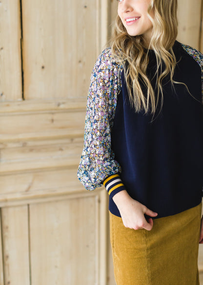 Navy Mixed Knit Floral Top - FINAL SALE Tops