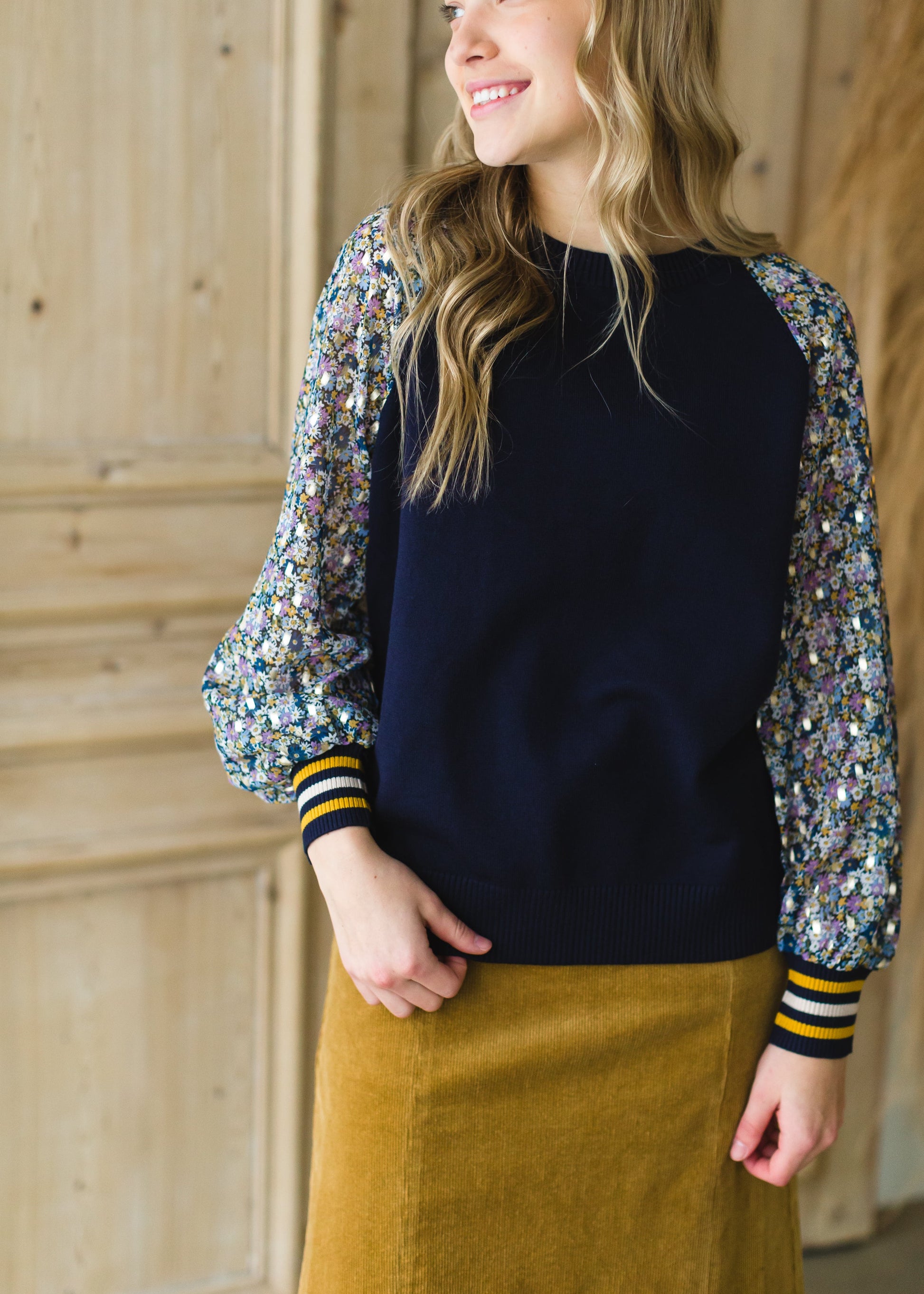 Navy Mixed Knit Floral Top - FINAL SALE Tops