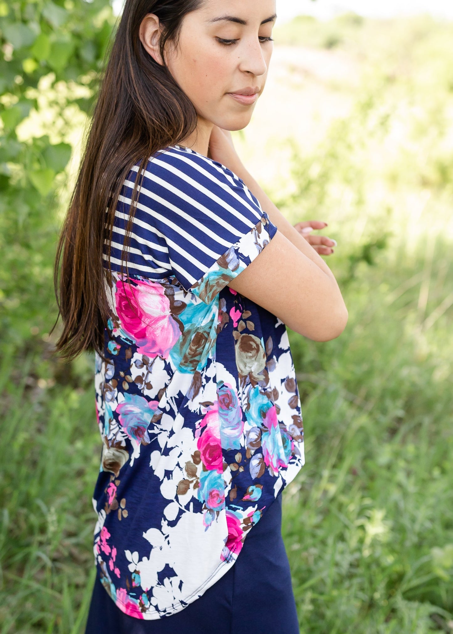 Navy Mixed Print Floral Top Tops