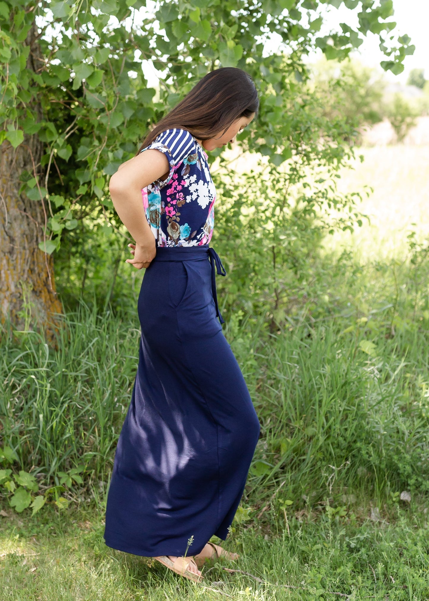 Navy Mixed Print Floral Top Tops