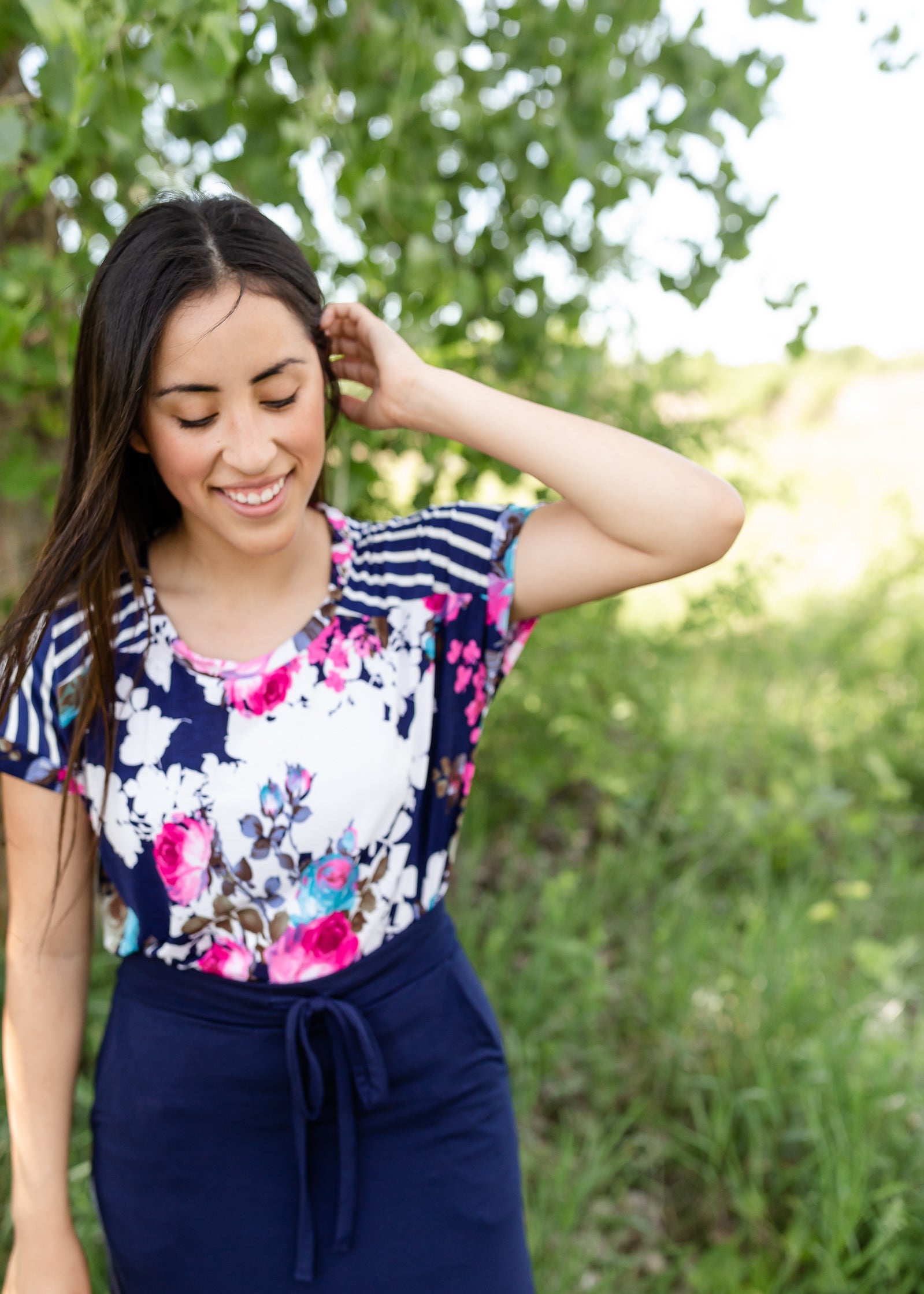 Navy Mixed Print Floral Top Tops