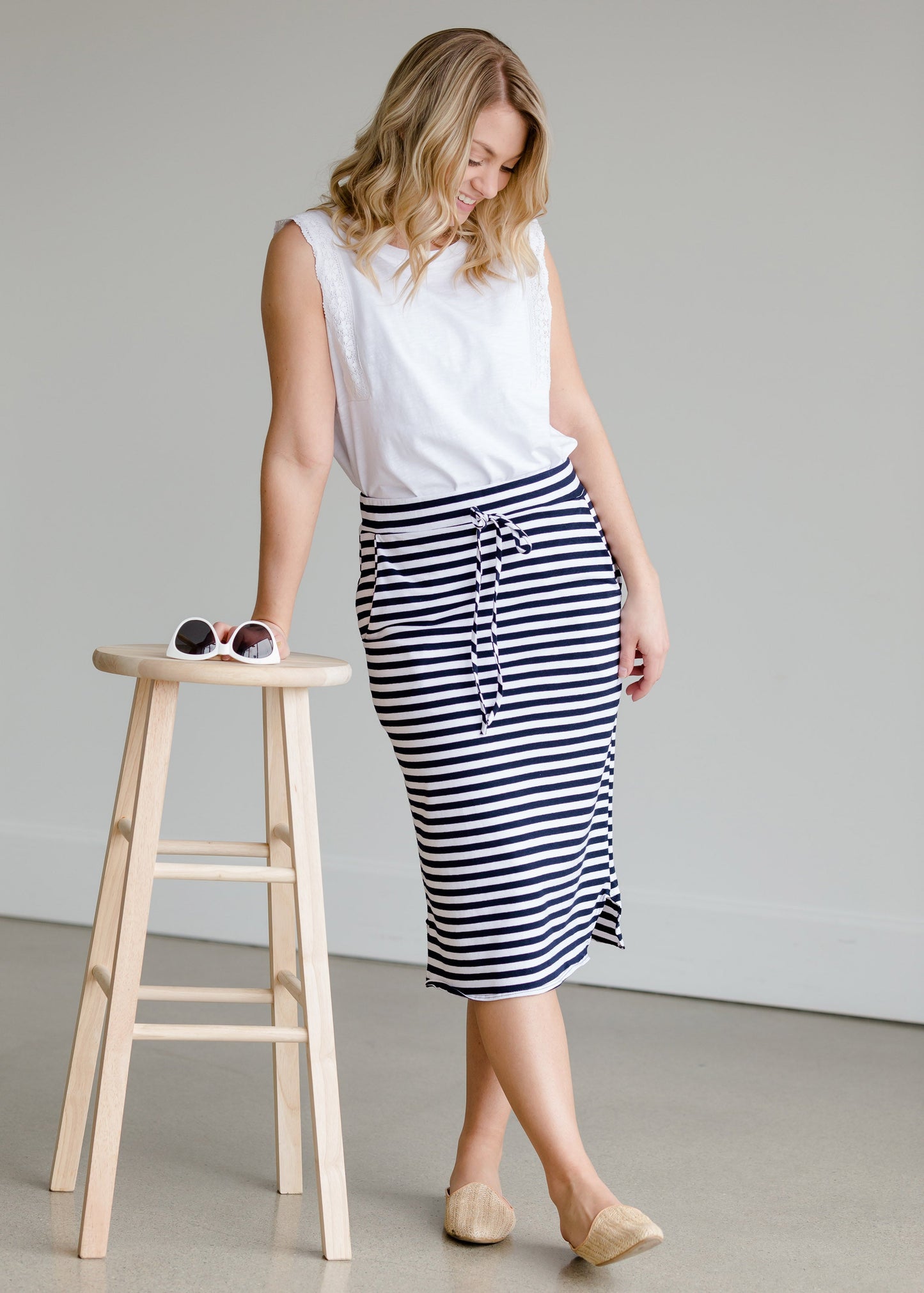 Navy Nautical Striped Pocket Midi Skirt Skirts