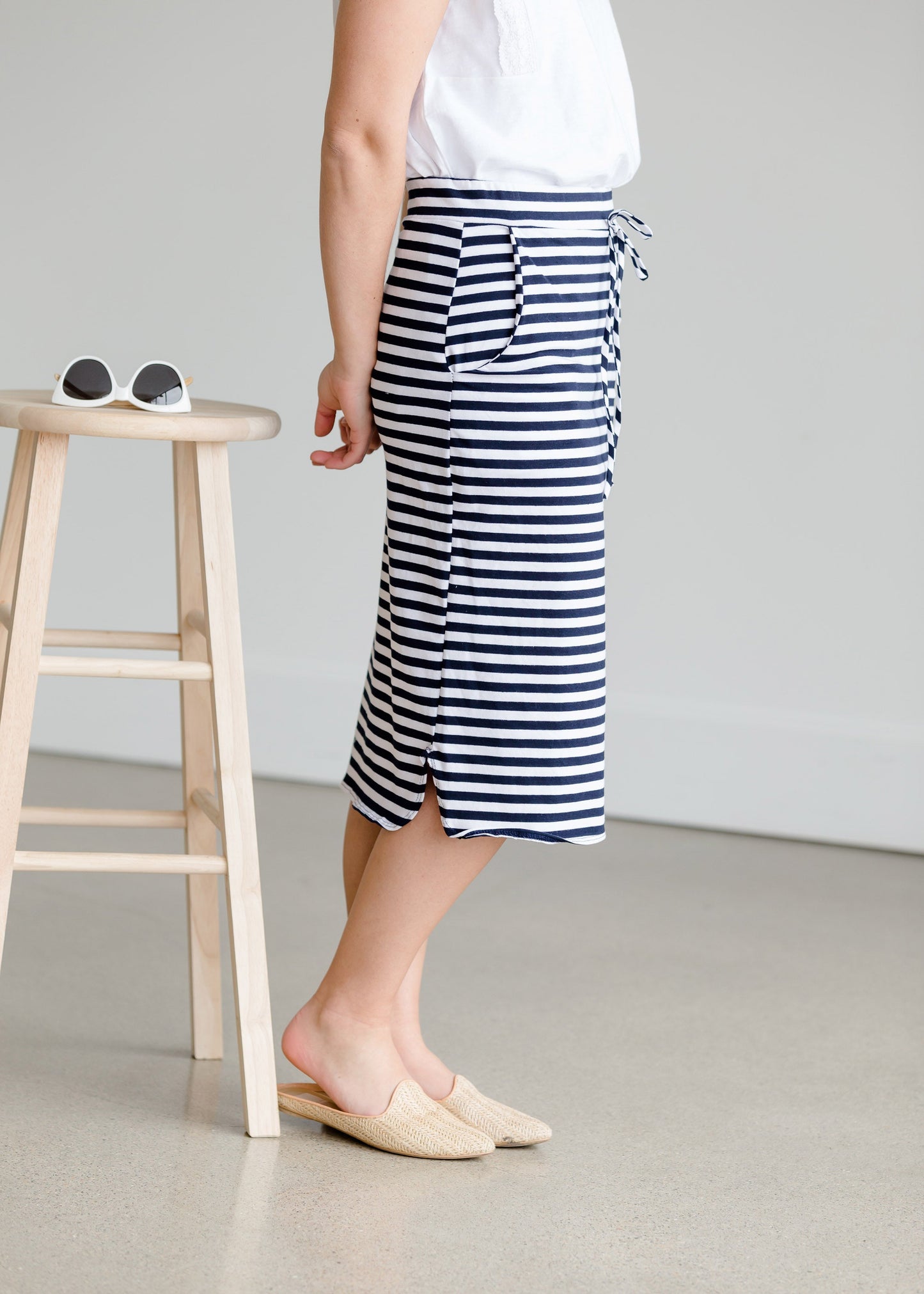 Navy Nautical Striped Pocket Midi Skirt Skirts