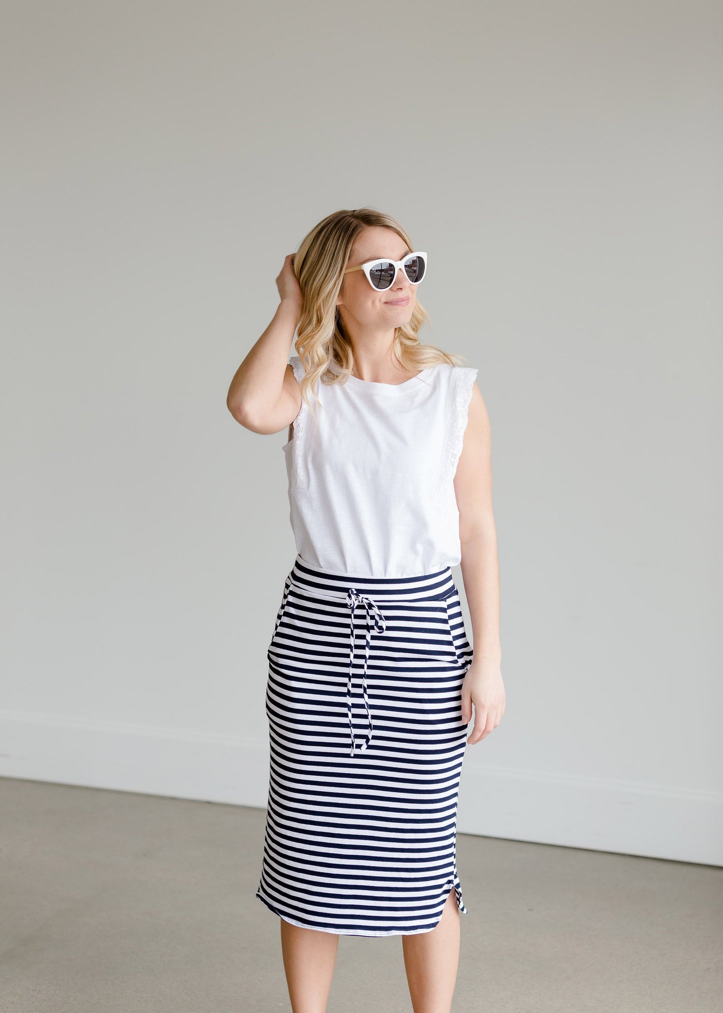 Navy Nautical Striped Pocket Midi Skirt Skirts