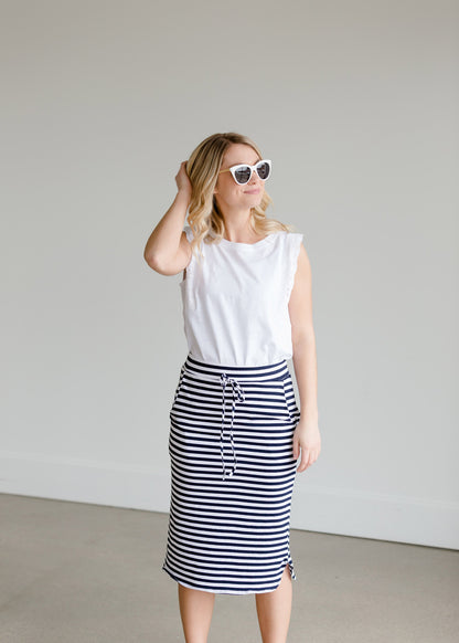 Navy Nautical Striped Pocket Midi Skirt Skirts