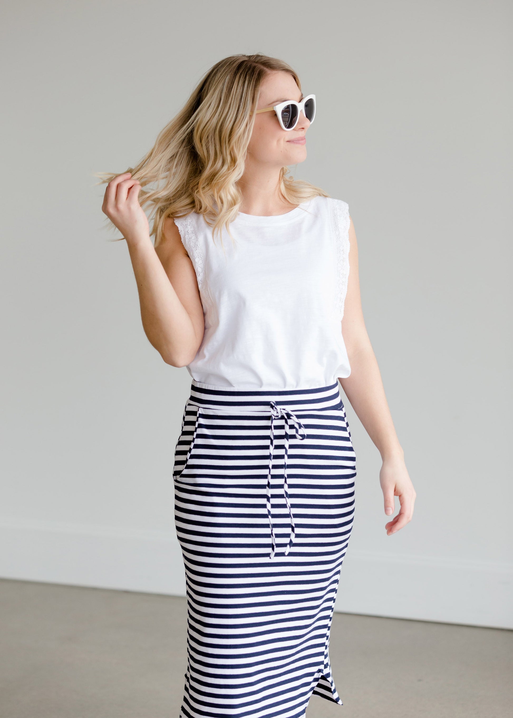 Navy Nautical Striped Pocket Midi Skirt Skirts