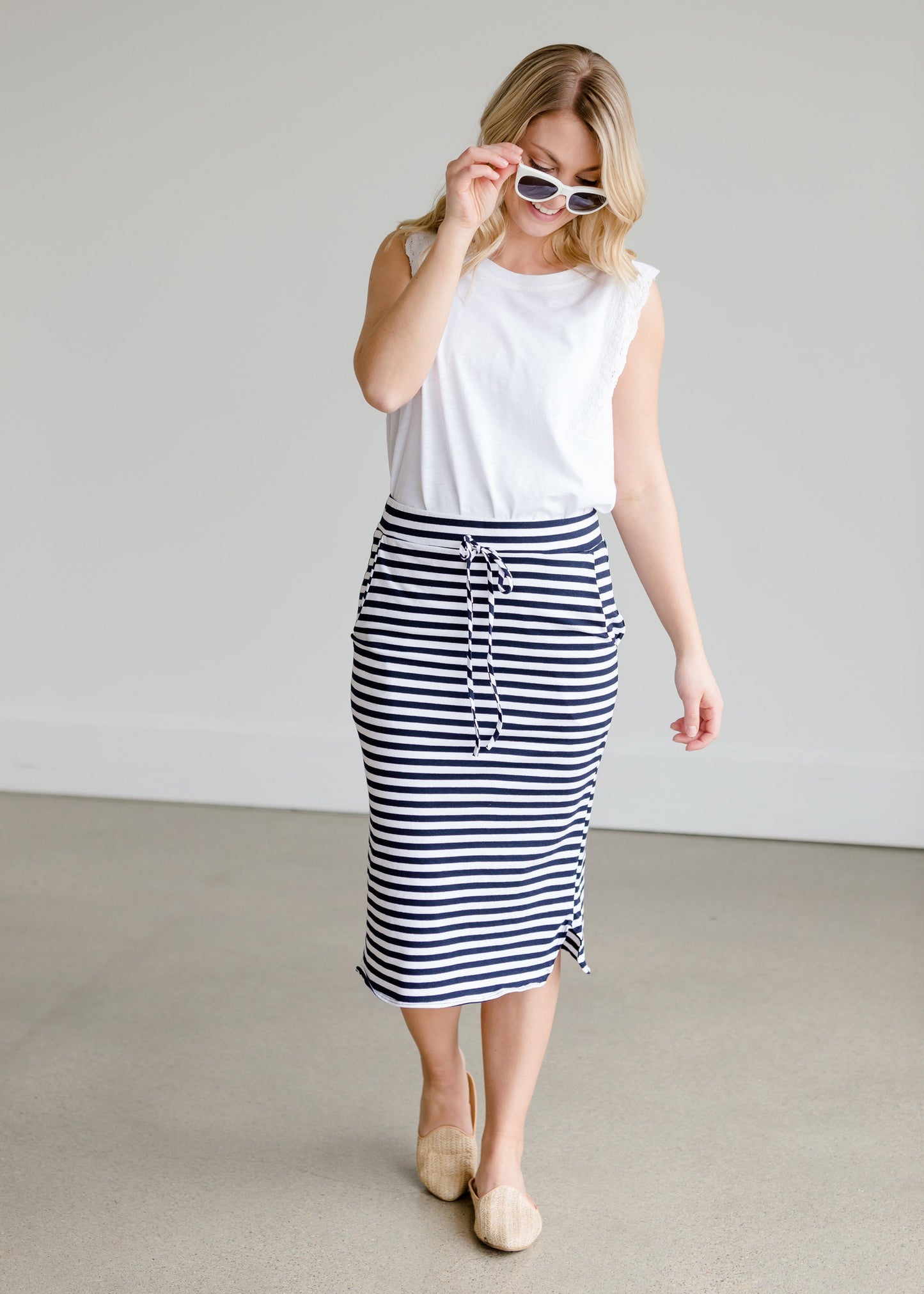 Navy Nautical Striped Pocket Midi Skirt Skirts