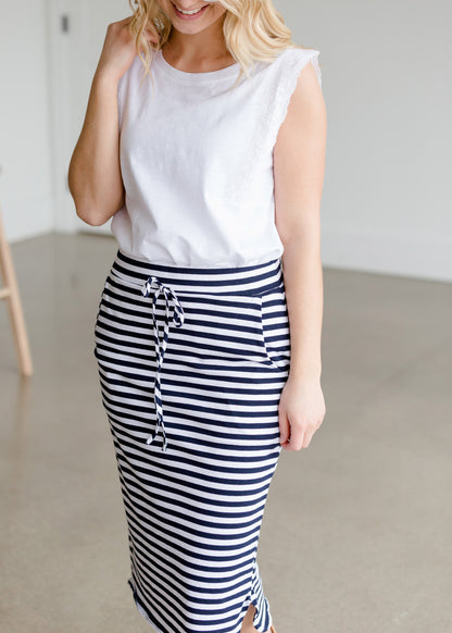 Navy Nautical Striped Pocket Midi Skirt Skirts