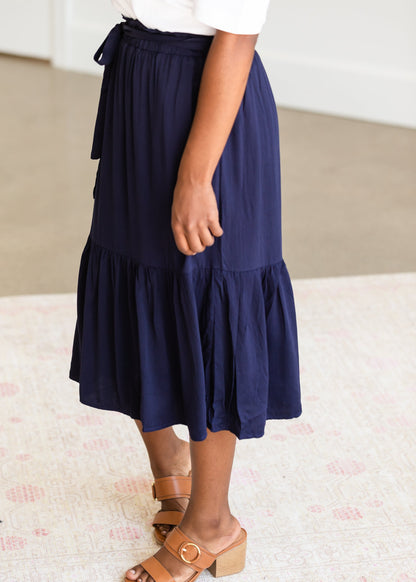 Navy Ruffle Tie Waist Midi Skirt - FINAL SALE Skirts