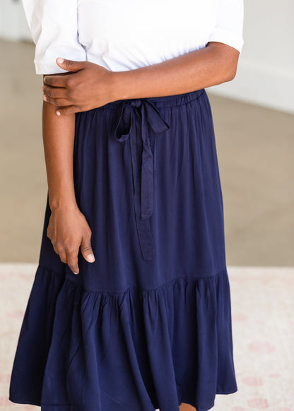 Navy Ruffle Tie Waist Midi Skirt - FINAL SALE Skirts