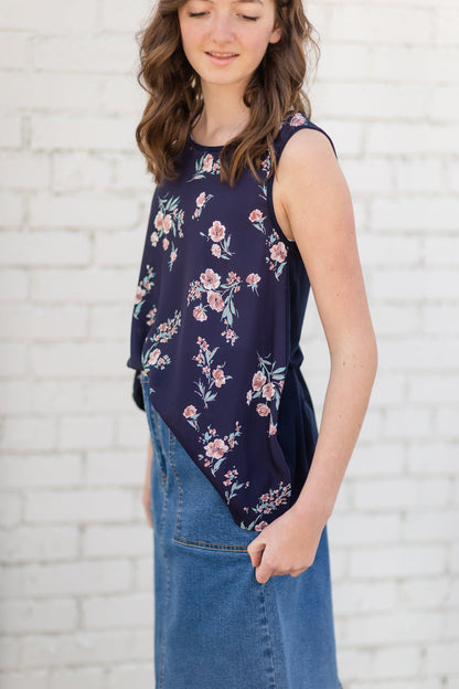 Navy Sleeveless Floral Tank Top Tops