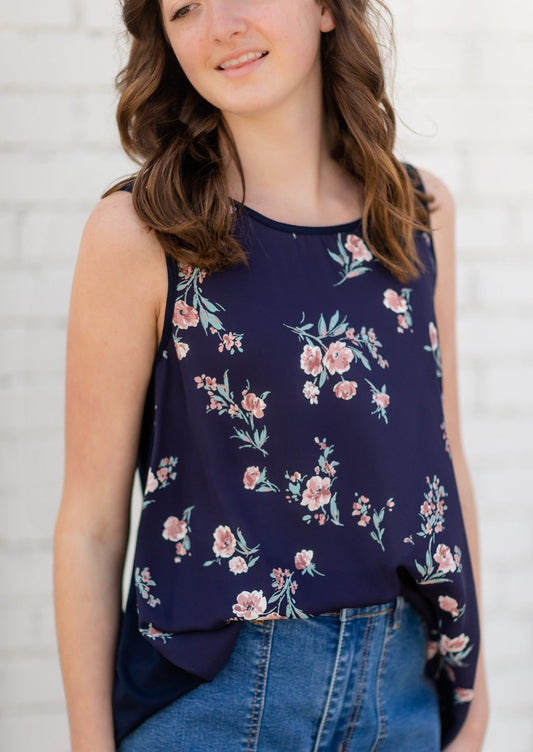 Navy Sleeveless Floral Tank Top Tops