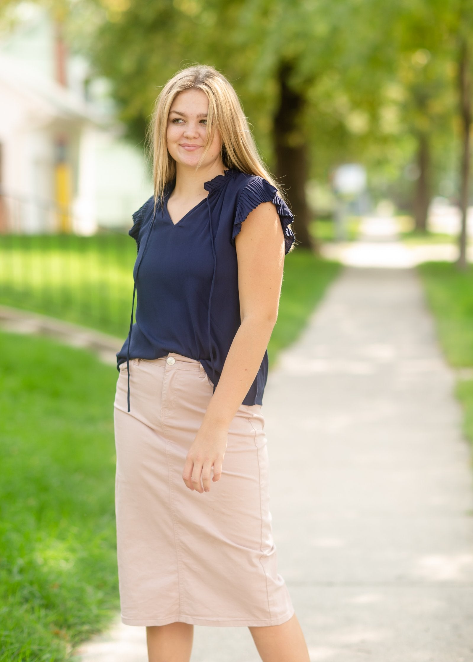 Navy Sleeveless Pleated Ruffle Top Tops VOY