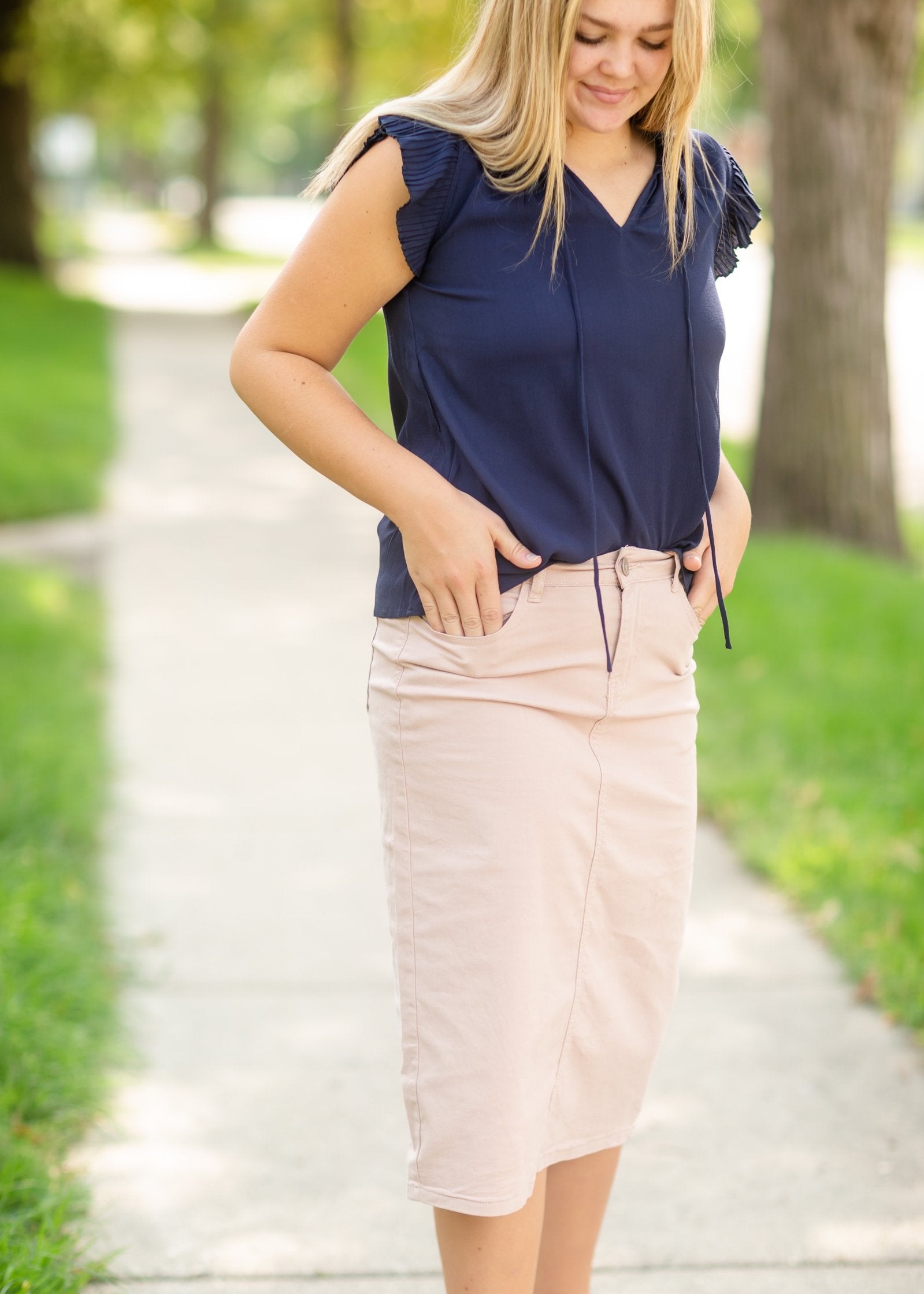 Navy Sleeveless Pleated Ruffle Top Tops VOY