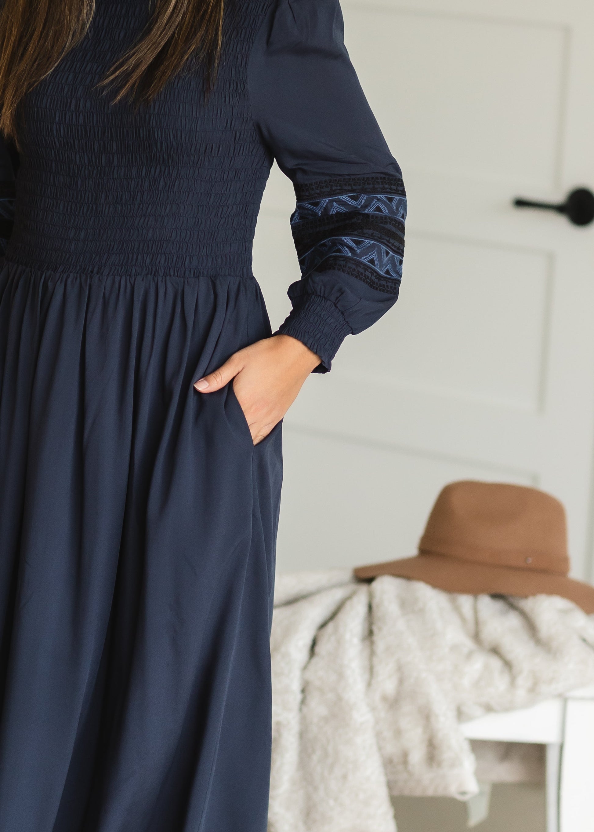 Navy Smocked Embroidered Midi Dress - FINAL SALE Dresses