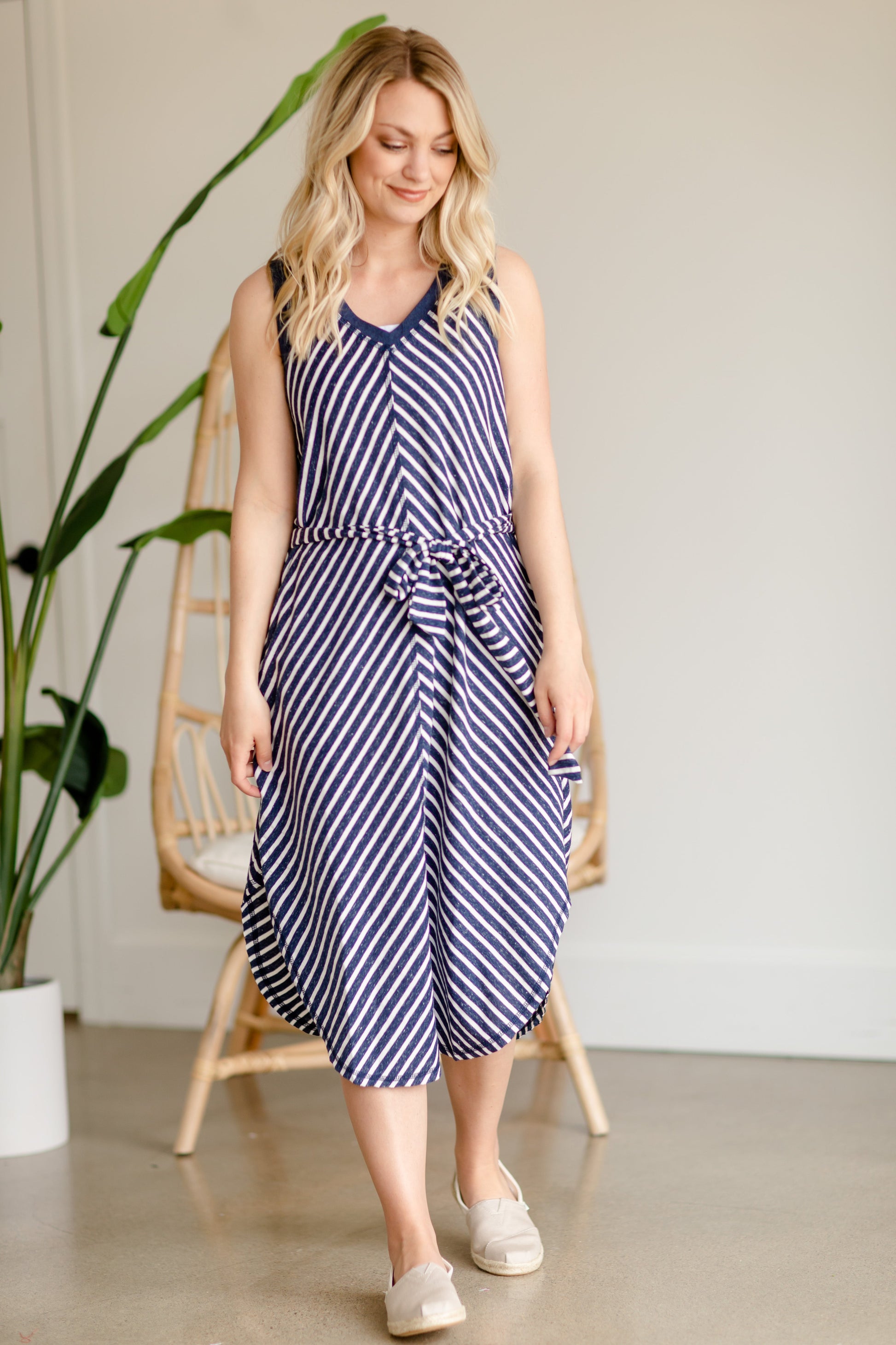 Navy Stripe + Belted Midi Dress - FINAL SALE Dresses