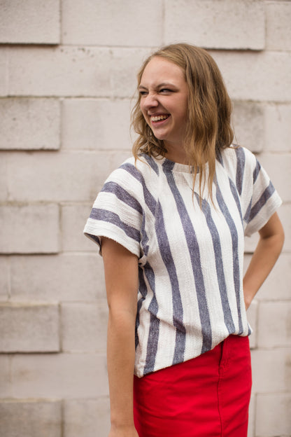 blue and white striped knit top