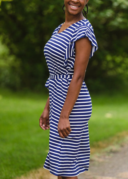 Navy Stripe Ruffle Sleeve Midi Dress - FINAL SALE Dresses