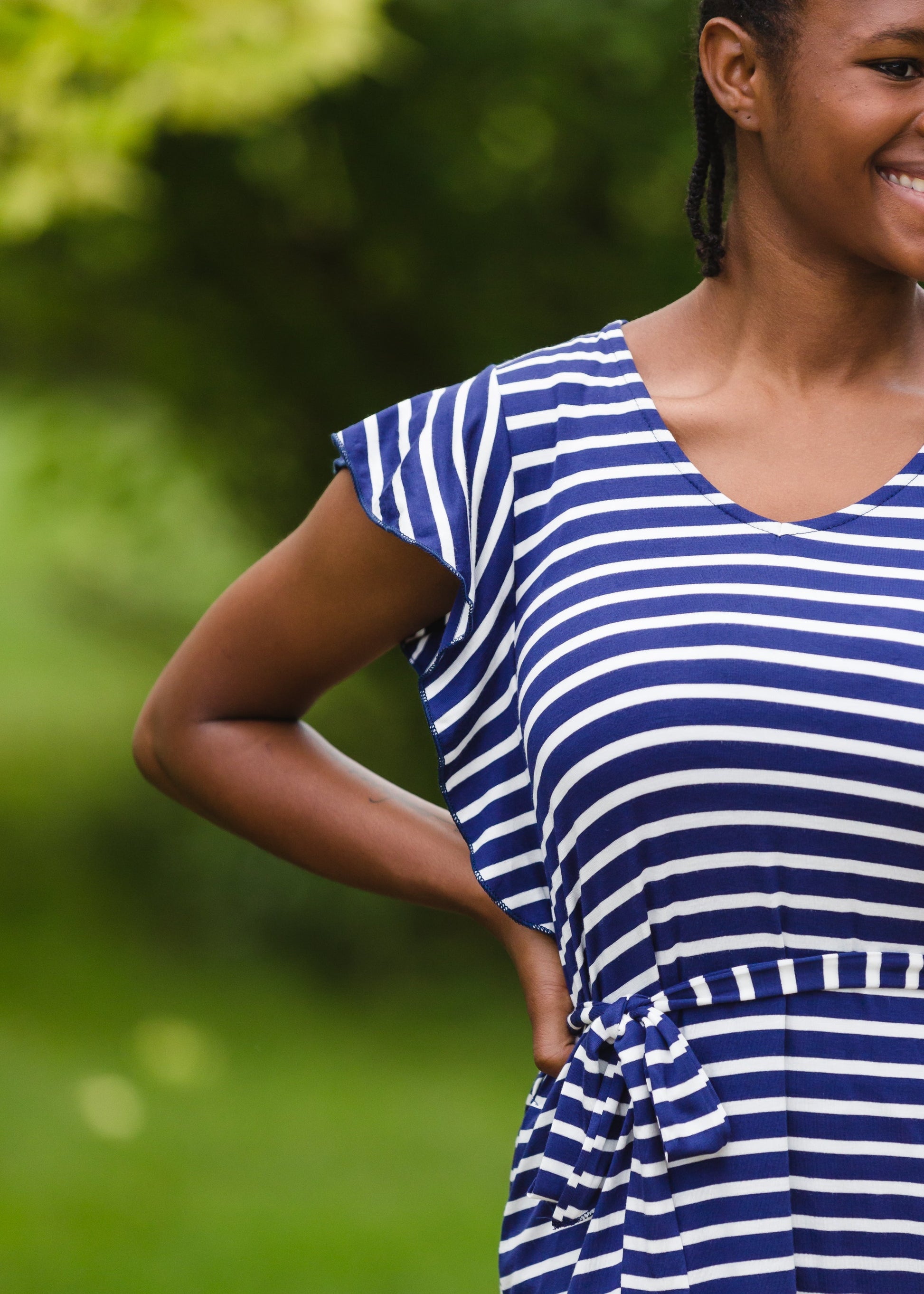 Navy Stripe Ruffle Sleeve Midi Dress - FINAL SALE Dresses