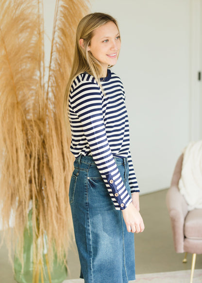 Navy Striped Button Detail Top - FINAL SALE Shirt