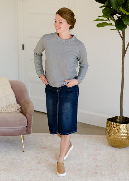 Navy Striped Casual Crewneck Sweatshirt - FINAL SALE Tops