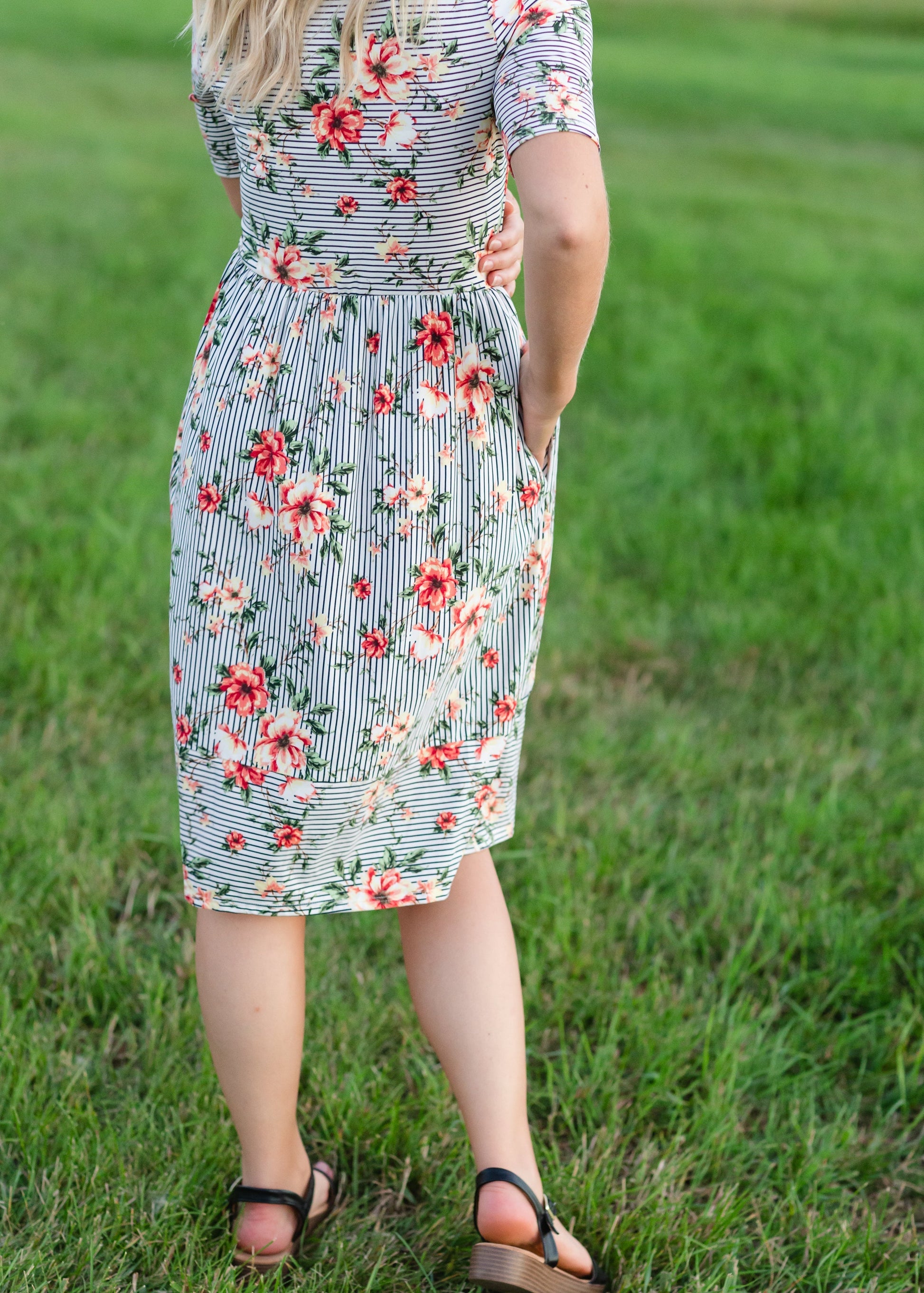 Navy Striped Floral Midi Dress - FINAL SALE Dresses