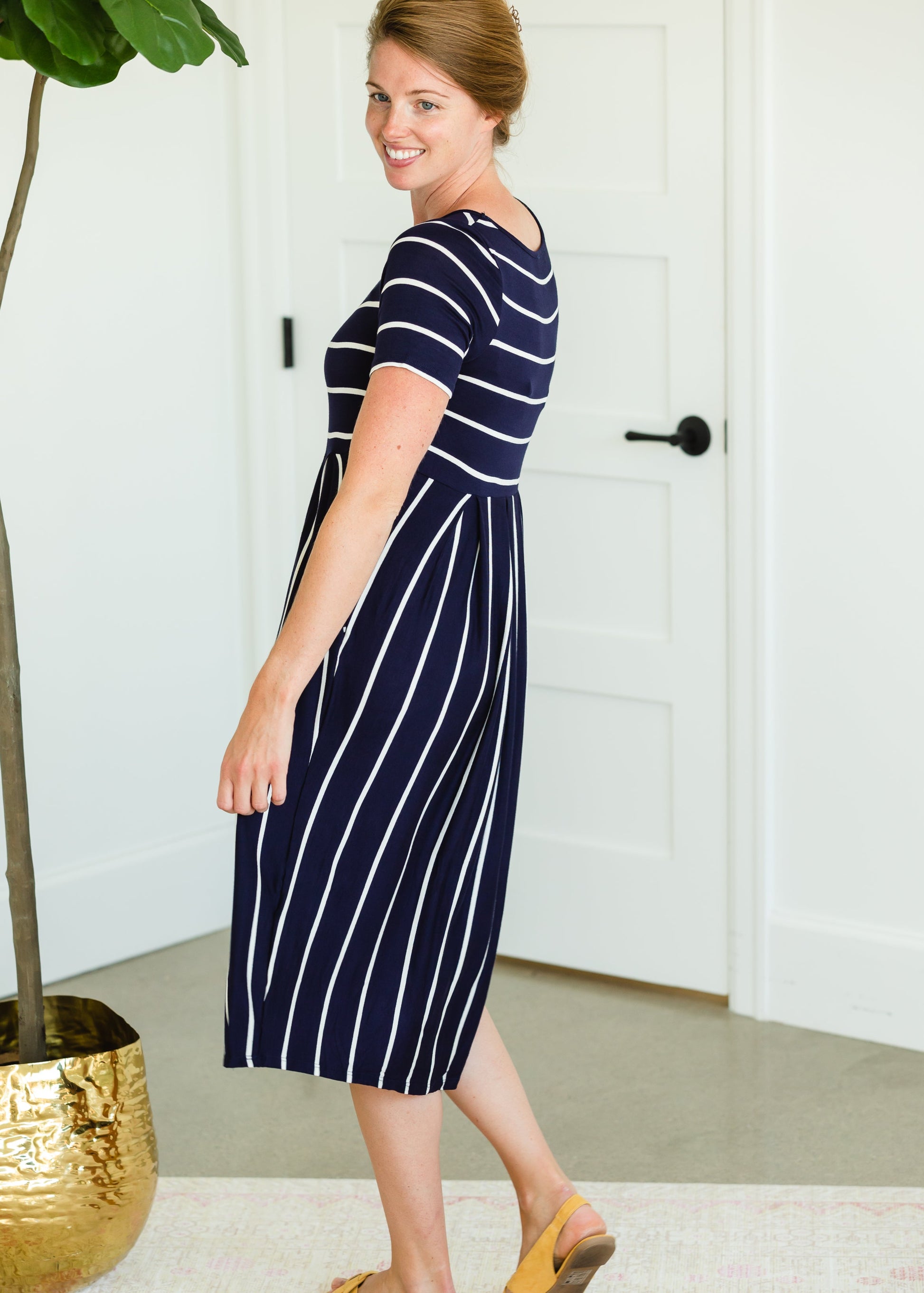 Navy Striped Midi Dress With Pockets Dresses