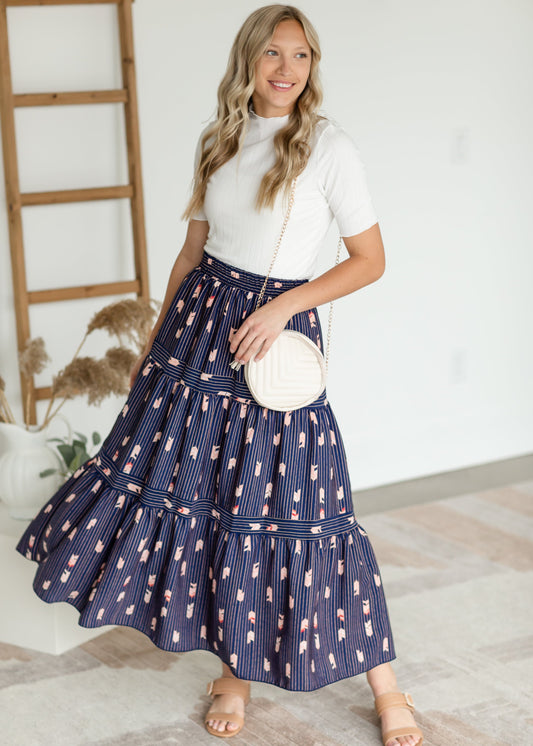 Navy Striped Tiered Midi Skirt Skirts