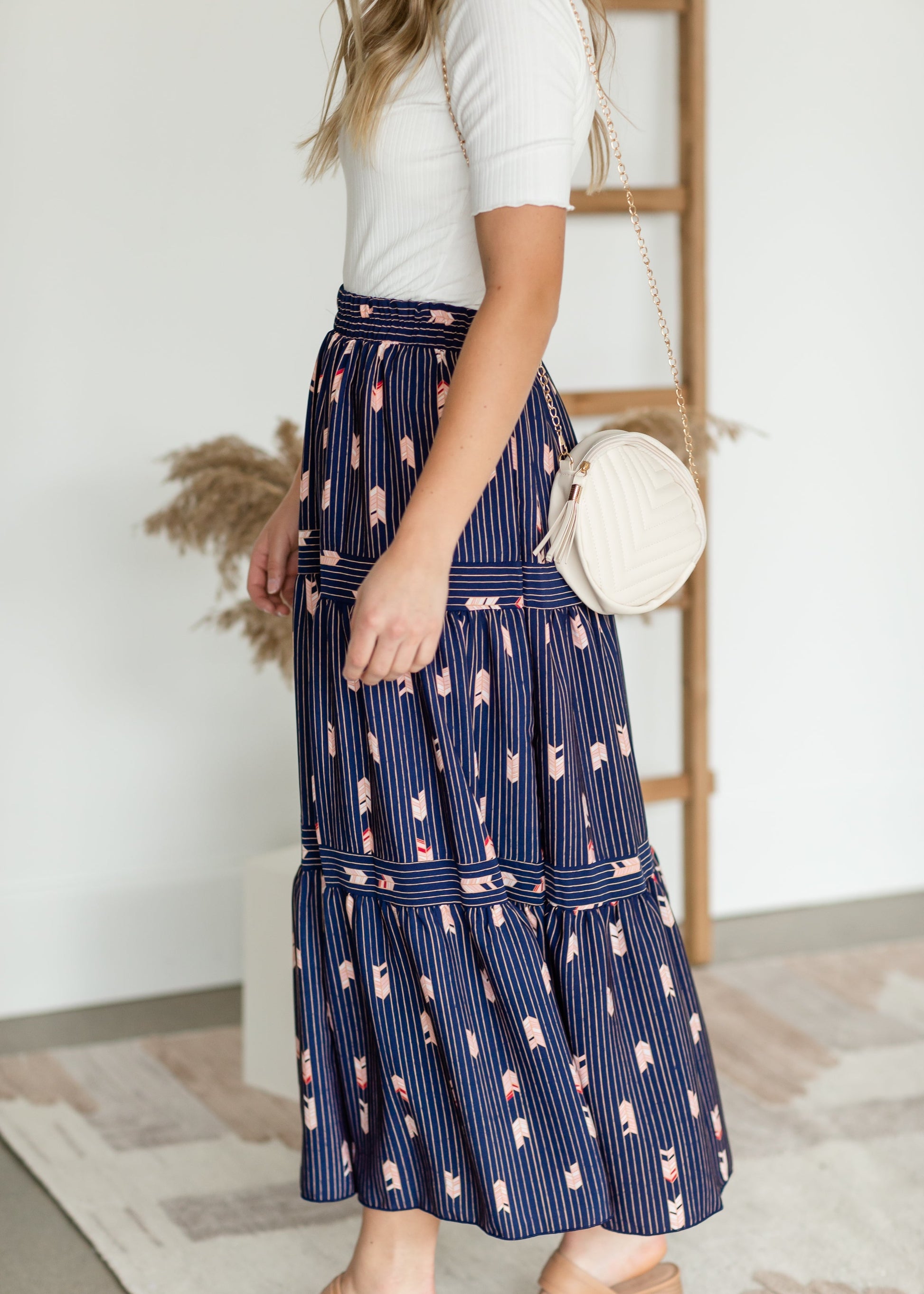 Navy Striped Tiered Midi Skirt Skirts