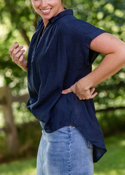 Navy V-Neck Button Down Top Tops