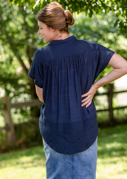 Navy V-Neck Button Down Top Tops