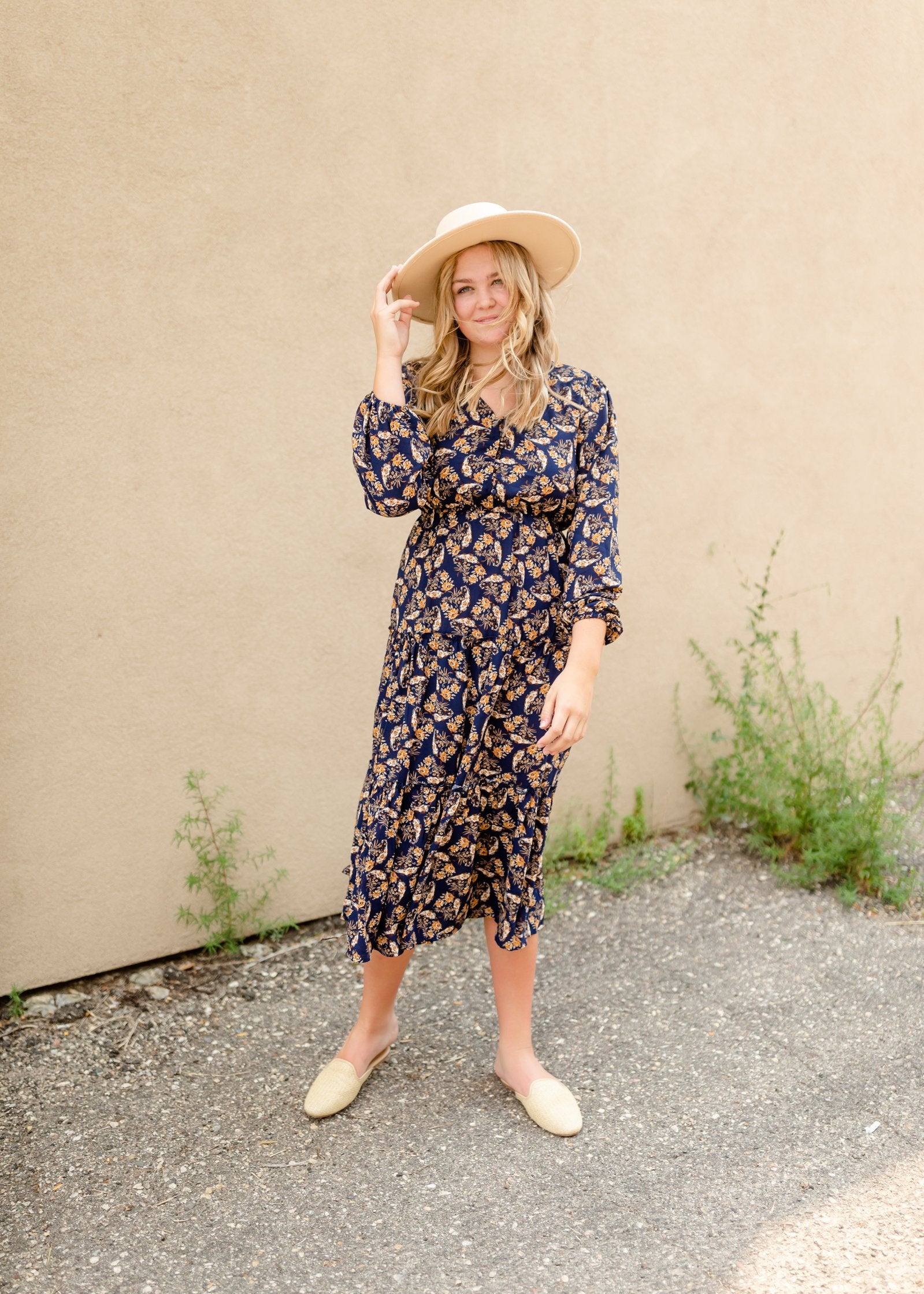 Navy V-Neck Floral Paisley Print Long Sleeve Dress Dresses Hayden