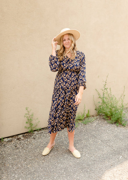 Navy V-Neck Floral Paisley Print Long Sleeve Dress Dresses Hayden