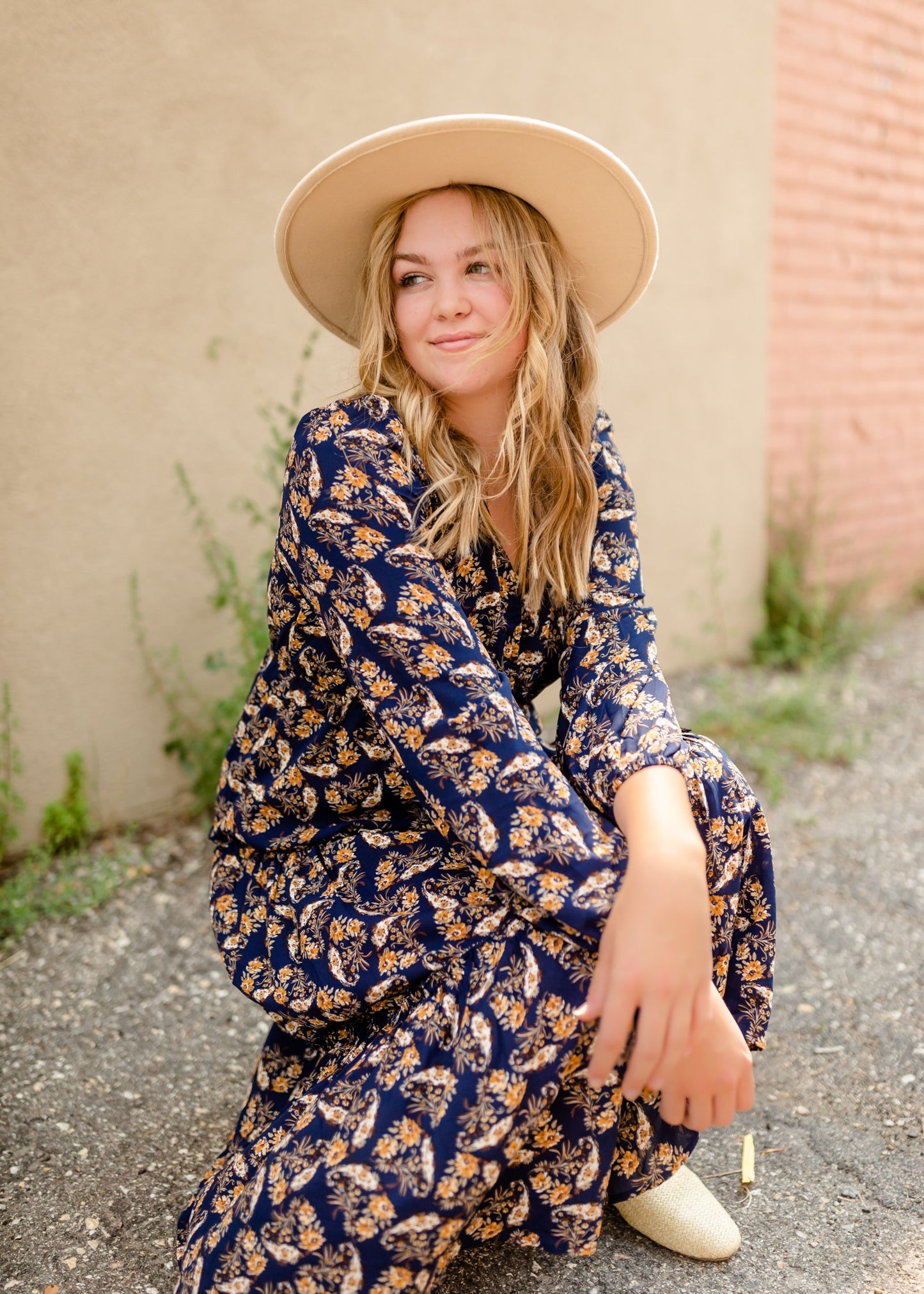 Navy V-Neck Floral Paisley Print Long Sleeve Dress Dresses Hayden