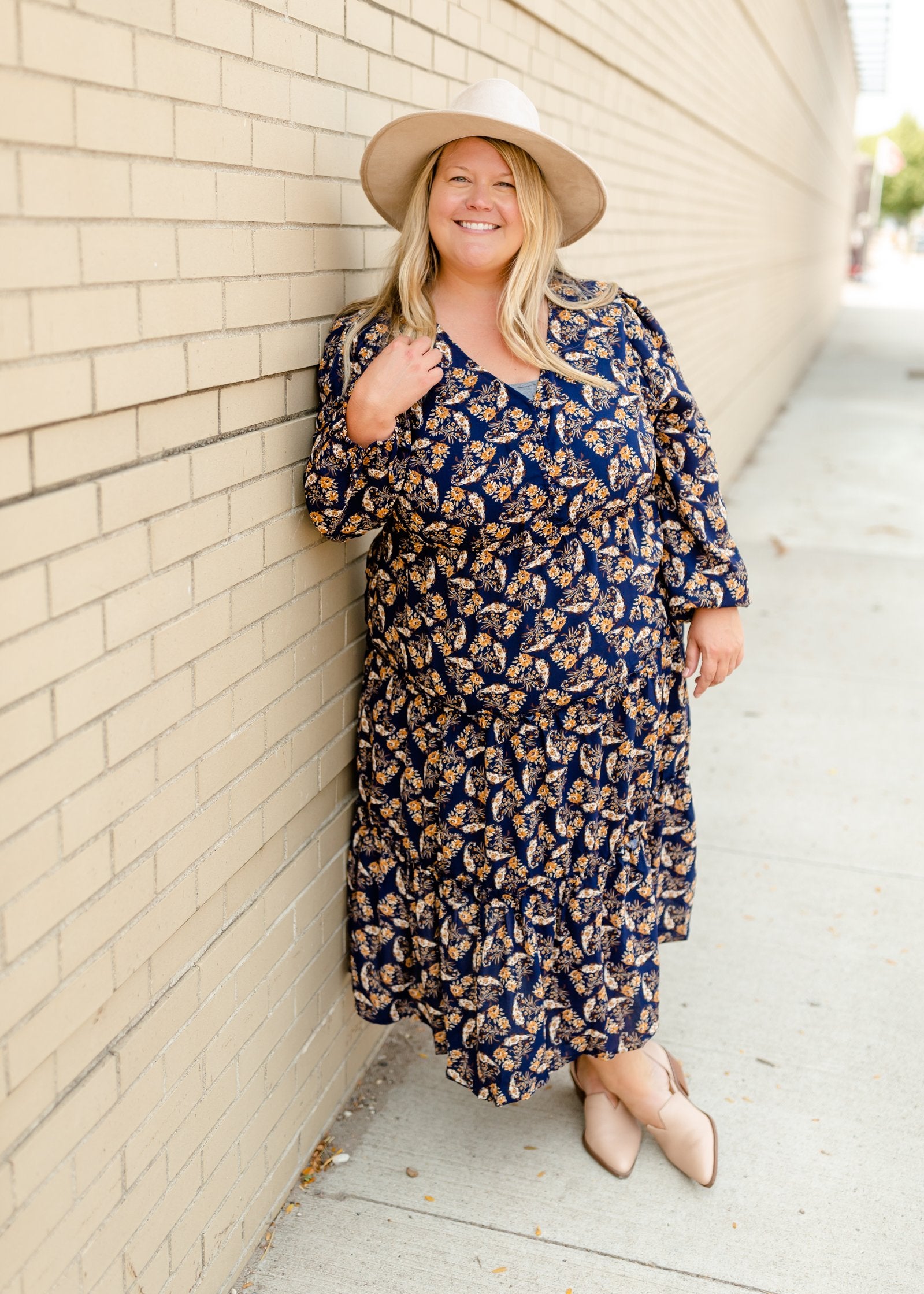 Navy V-Neck Floral Paisley Print Long Sleeve Dress Dresses Hayden