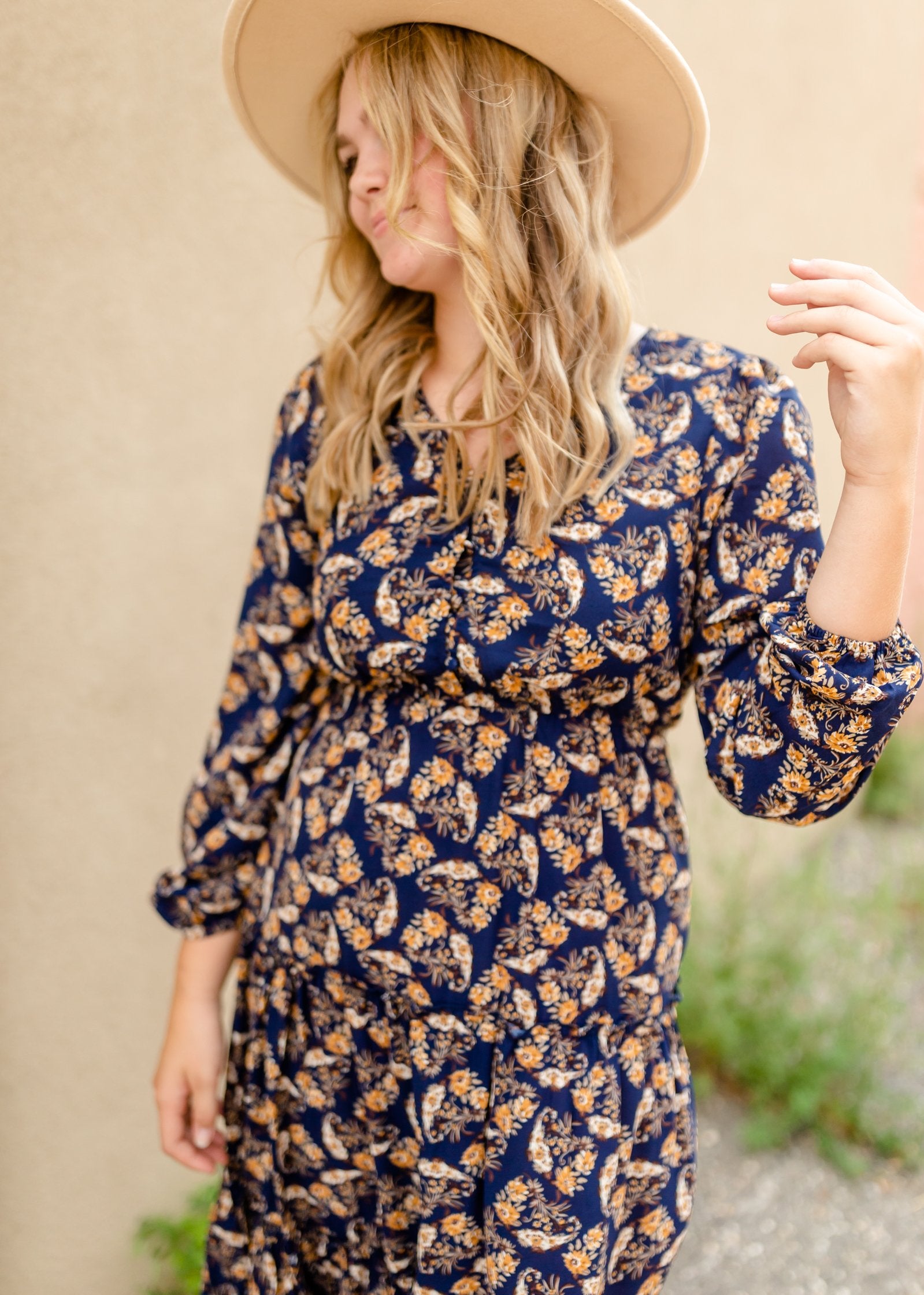 Navy V-Neck Floral Paisley Print Long Sleeve Dress Dresses Hayden