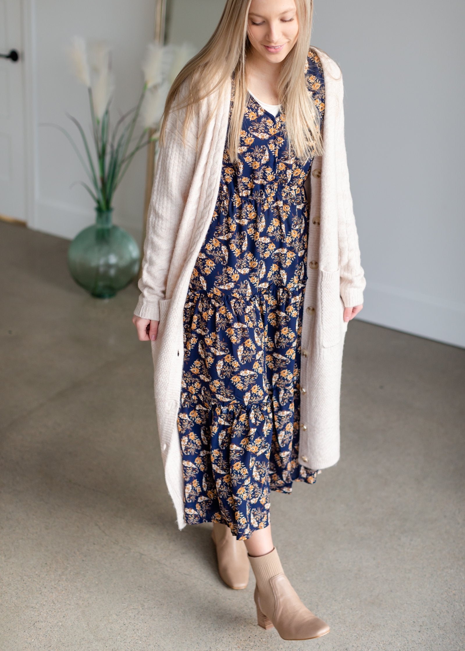 Navy V-Neck Floral Paisley Print Long Sleeve Dress Dresses Hayden