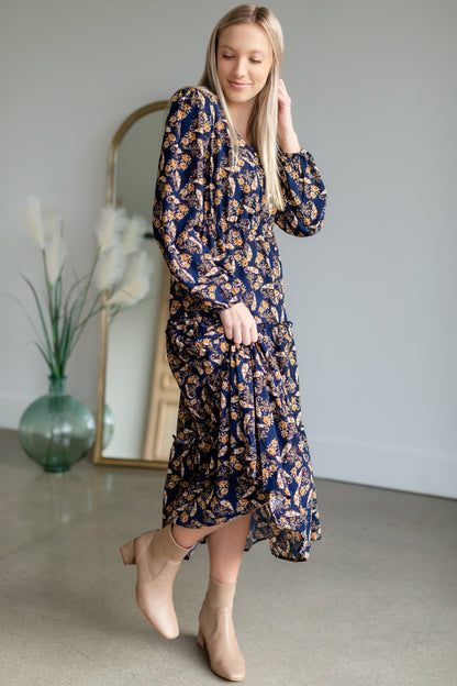 Navy V-Neck Floral Paisley Print Long Sleeve Dress Dresses Hayden