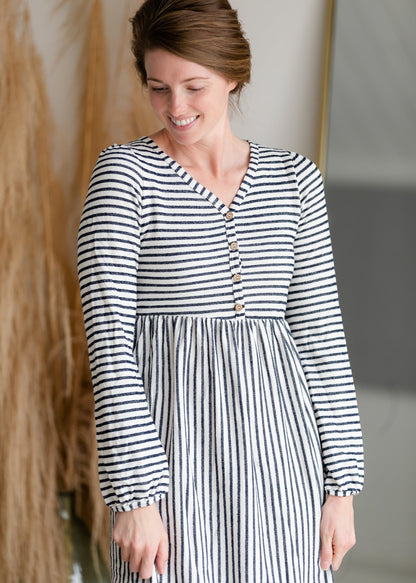 Navy & White Striped Midi Dress with Balloon Sleeves Dresses Hailey & Co