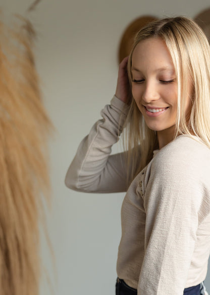 Neutral Button Detail Knit Top Tops Doe and Rae