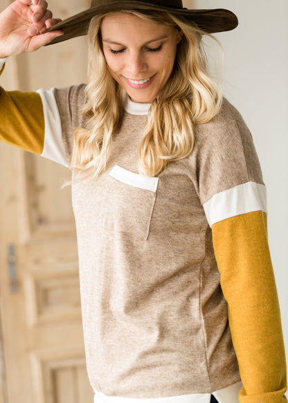 Neutral Knit Top With Pocket - FINAL SALE Tops